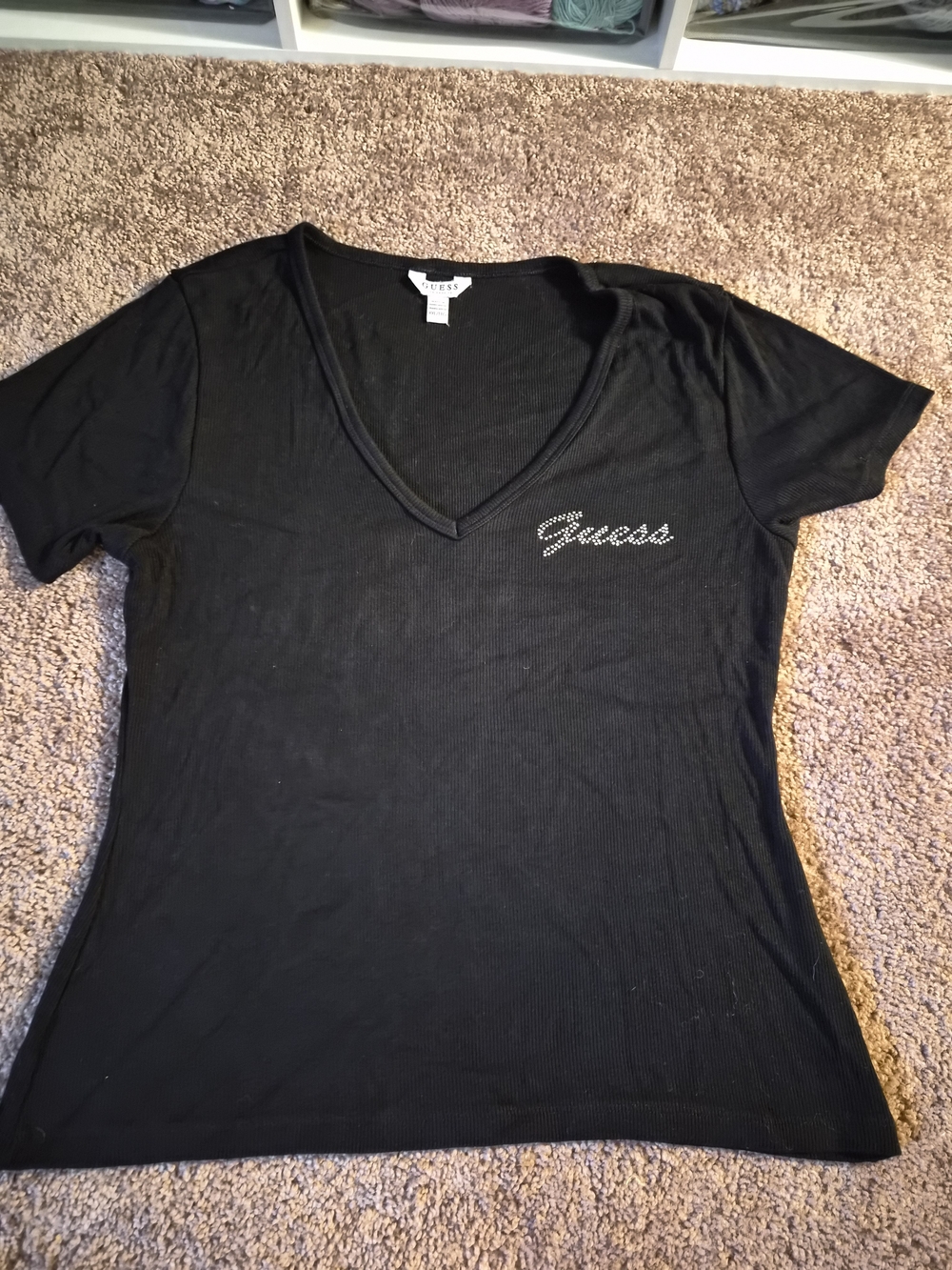 Guess Black V-Neck Rhinestone Script Logo Tee